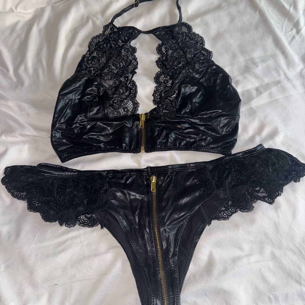 Black Lace and Faux Leather Bra Set